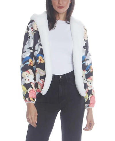Members Only Women's Faux Rabbit Fur Reversible Bomber Looney Tunes Satin Mashup Print Lining Jacket