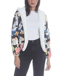 Members Only Women's Faux Rabbit Fur Reversible Bomber Looney Tunes Satin Mashup Print Lining Jacket