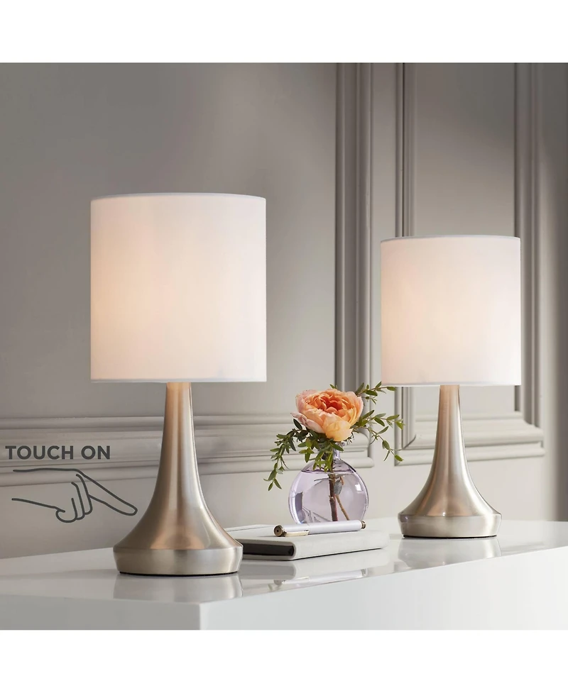 360 Lighting Zofia Modern Accent Table Lamps 13" High Set of 2 Brushed Nickel Silver Tapered Metal Touch On Off White Fabric Drum Shade for Bedro