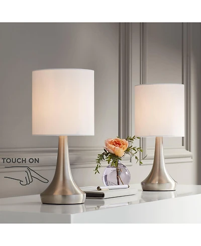 360 Lighting Zofia Modern Accent Table Lamps 13" High Set of 2 Brushed Nickel Silver Tapered Metal Touch On Off White Fabric Drum Shade for Bedro