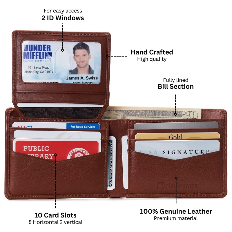 Alpine Swiss Mens Genuine Leather Passcase Bifold Wallet Rfid Safe 2 Id Windows