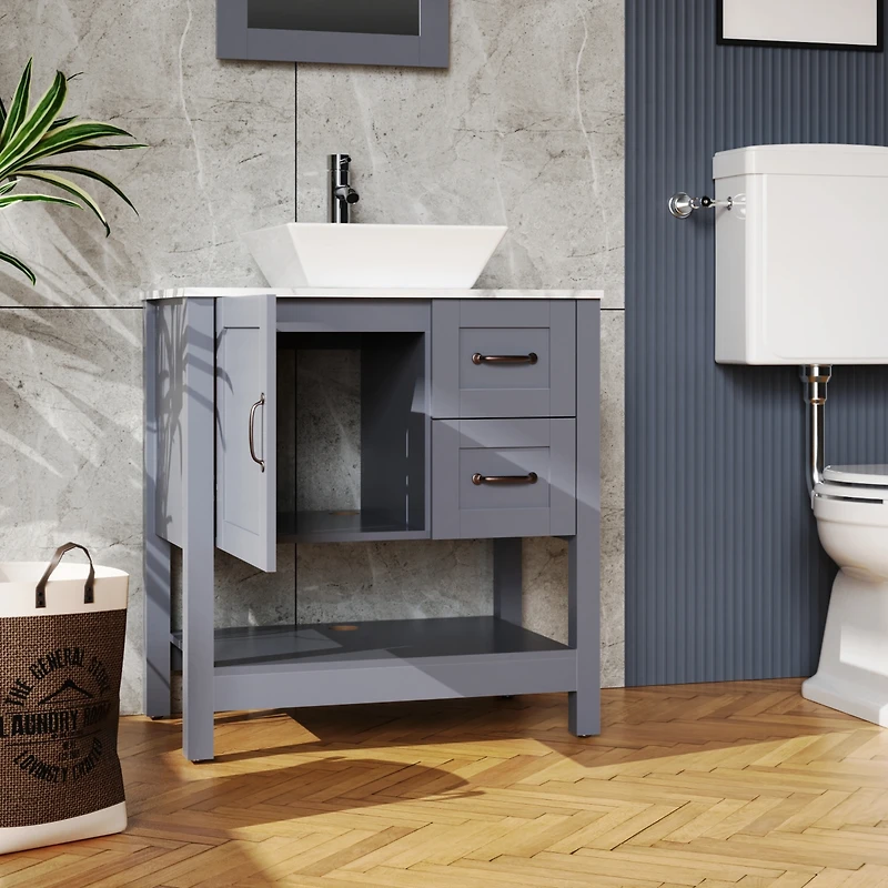 Streamdale 30" Gray Vanity with Mirror, Faucet, and Marble Top