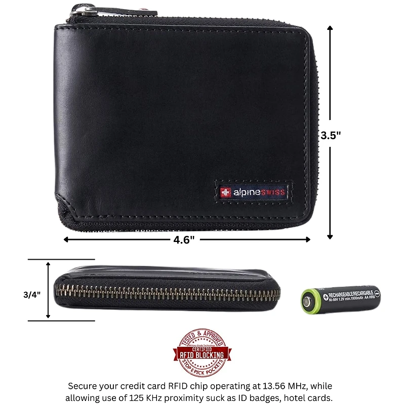 Alpine Swiss Unisex Rfid Safe Zipper Wallet Genuine Leather Zip Around Bifold