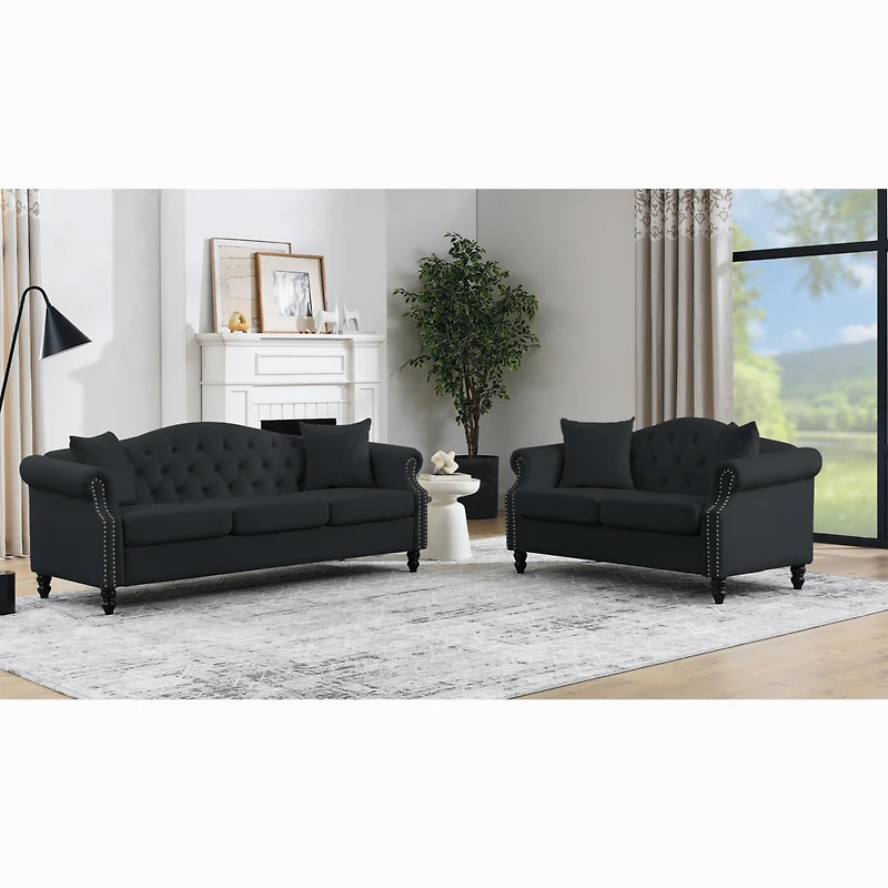 Streamdale Black Velvet 3-Seater Sofa with Rolled Arms & Nailhead