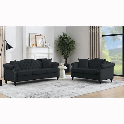 Streamdale Black Velvet 3-Seater Sofa with Rolled Arms & Nailhead