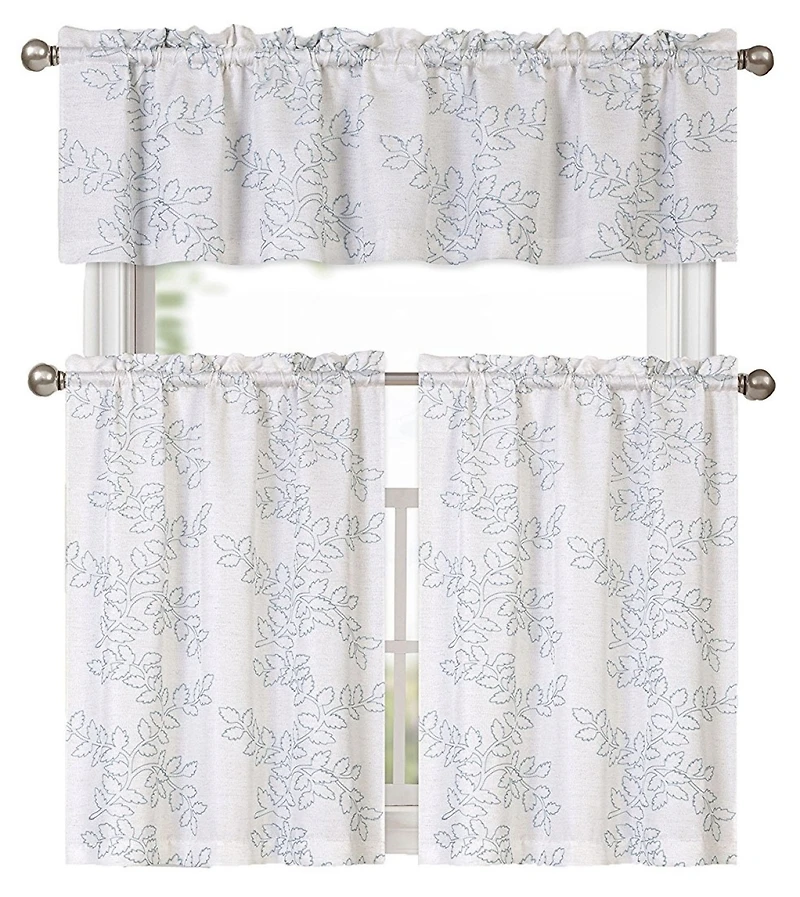 Kate Aurora Shabby Living Brielle Complete 3 Piece Embroidered Floral Cafe Kitchen Curtain Tier & Valance Set