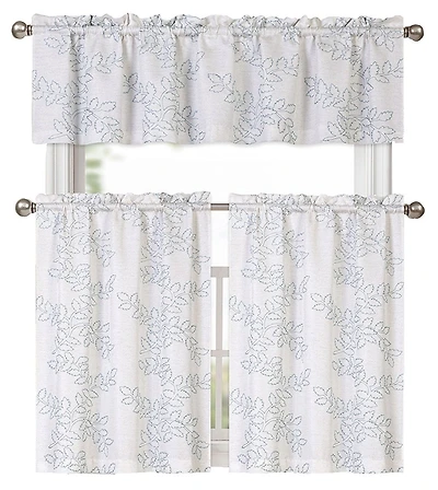 Kate Aurora Shabby Living Brielle Complete 3 Piece Embroidered Floral Cafe Kitchen Curtain Tier & Valance Set
