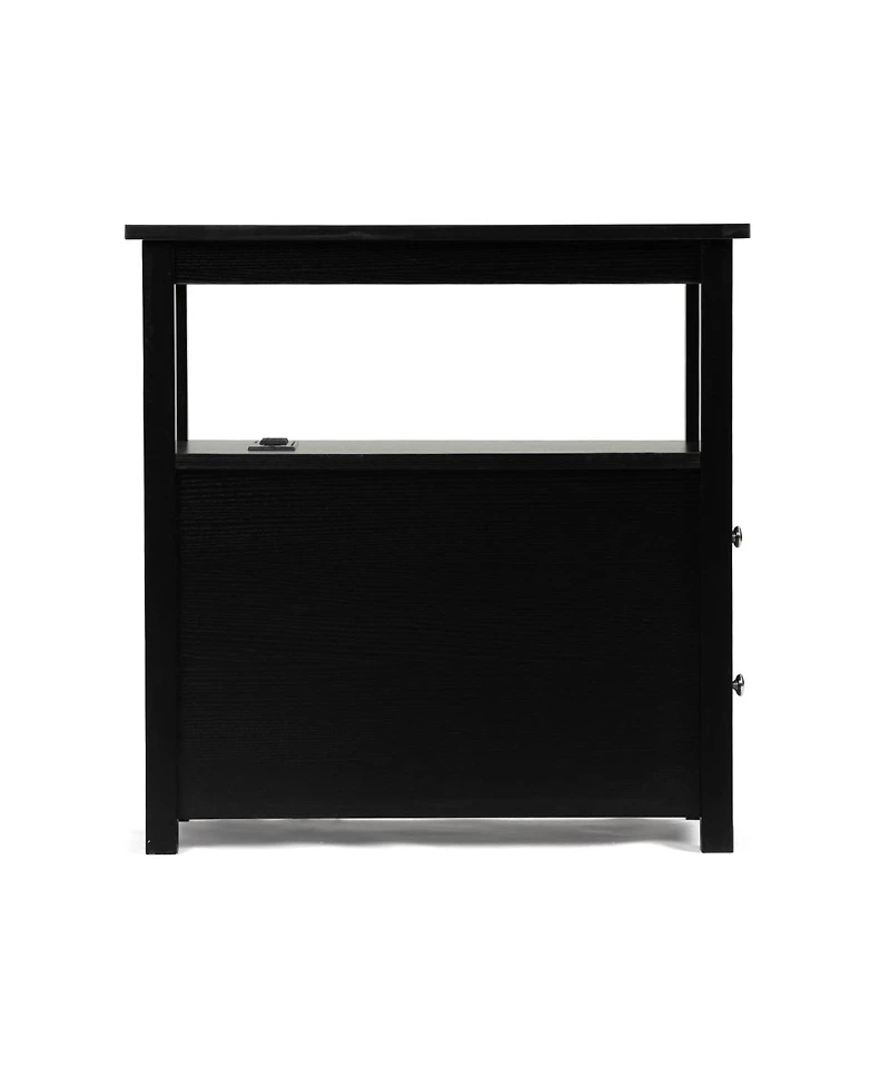 Simplie Fun End Table With Charging Station, Narrow Sofa Side Table, Wooden Nightstand, Bedroom, Black