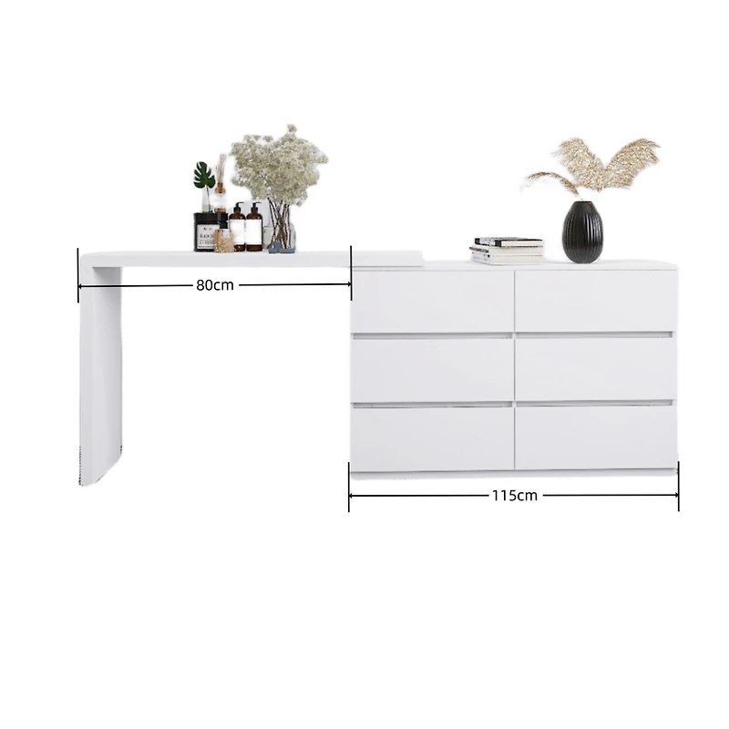 Streamdale Furniture Extended Desktop 6 Drawers Chest Of Drawer Without Handle White Color Vanity