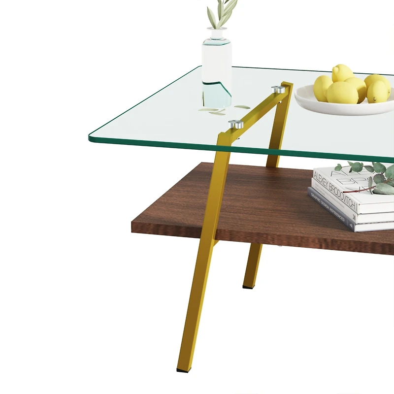 Streamdale Furniture Transparent Glass Coffee Table, Gold Metal Legs