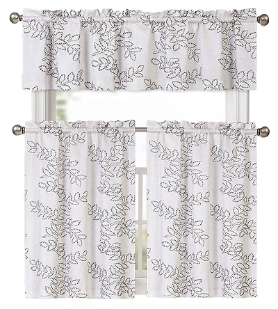 Kate Aurora Shabby Living Brielle Complete 3 Piece Embroidered Floral Cafe Kitchen Curtain Tier & Valance Set