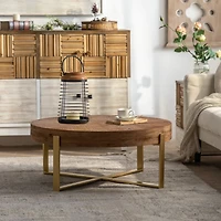 31.29"Modern Retro Splicing Round Coffee Table, Fir Wood Table Top With Gold Cross Legs Base