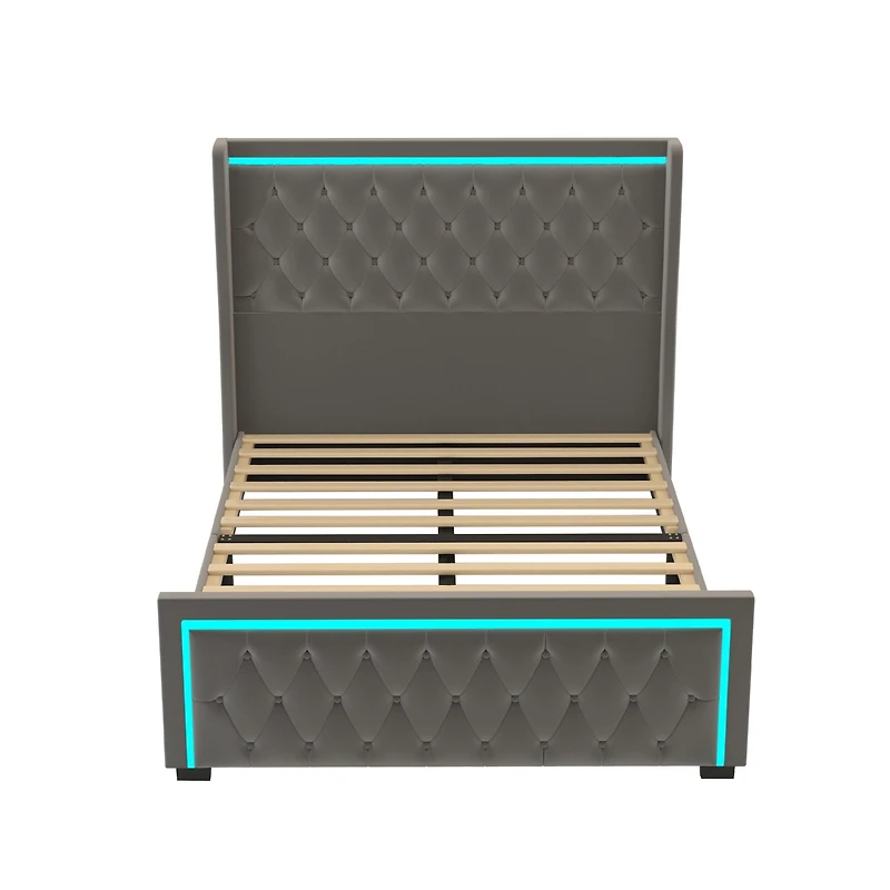 Grey Velvet Platform Bed with Led Headboard