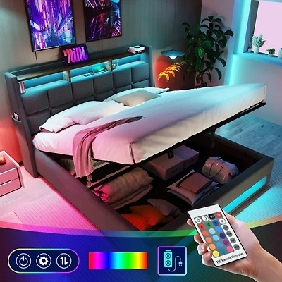 Streamdale Grey Upholstered Platform Bed with Storage and Led