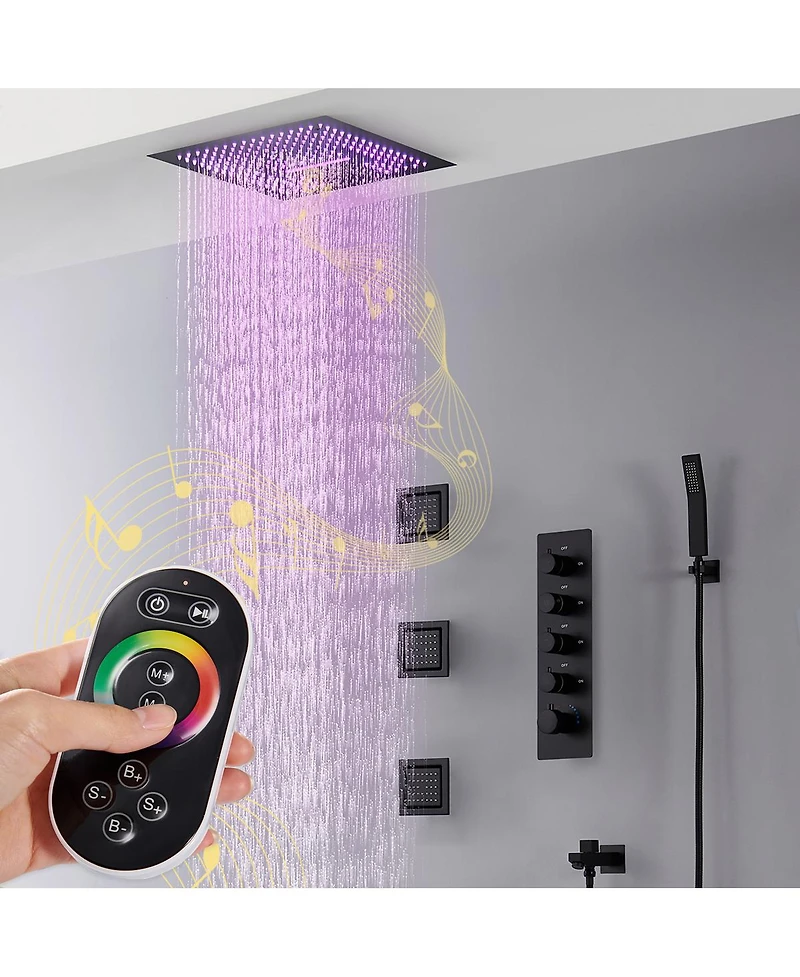 Mondawe 16" Ceiling Mounted Led Music Thermostatic Shower System Set with Handheld Spray & 3 Body Jets, Brushed Nickel