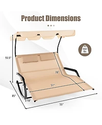 Slickblue Outdoor 2 Persons Rocking Chaise Lounge with Canopy and Wheels-Beige