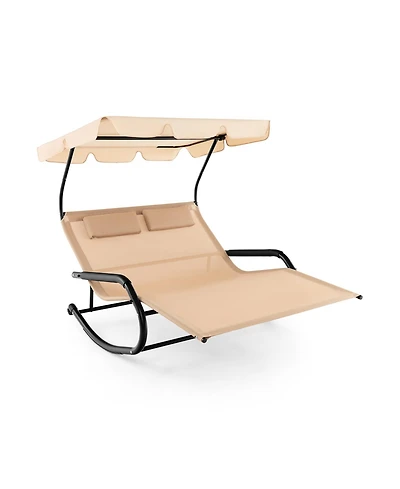 Slickblue Outdoor 2 Persons Rocking Chaise Lounge with Canopy and Wheels-Beige