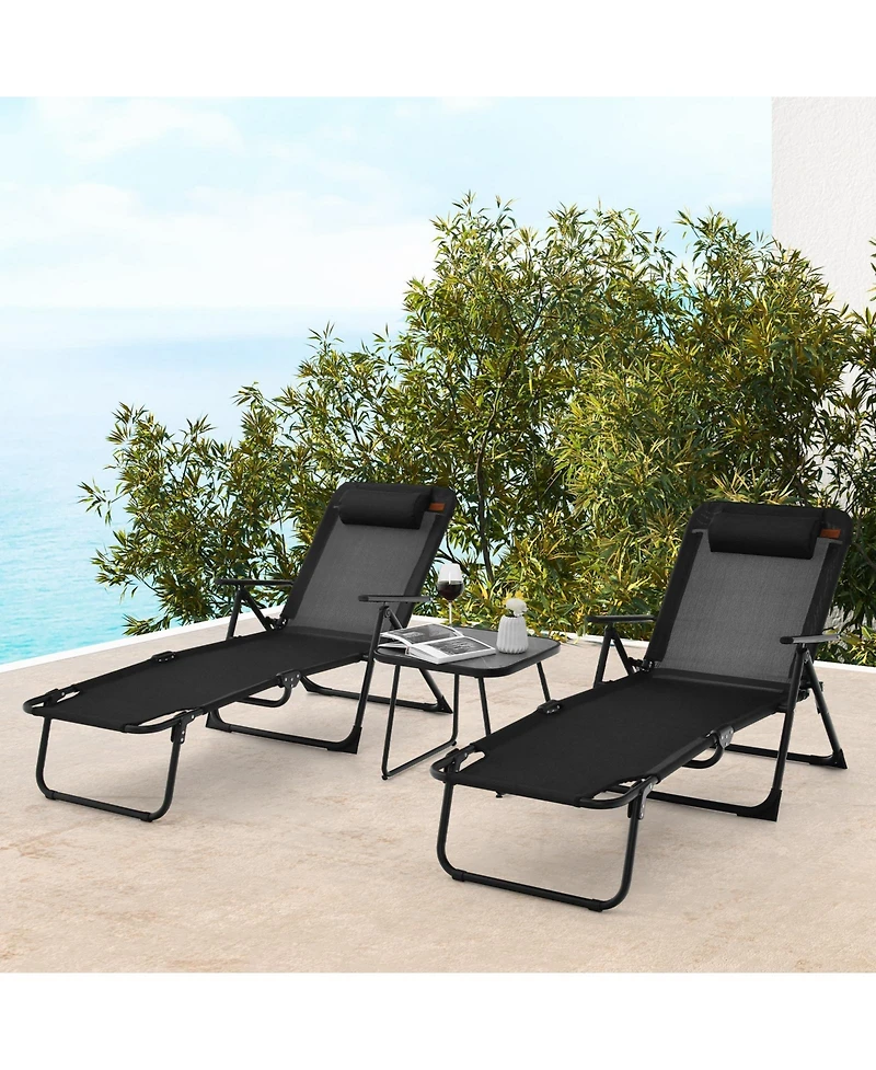 Slickblue 3 Pieces Patio Folding Chaise Lounge Set with Pvc Tabletop-Black