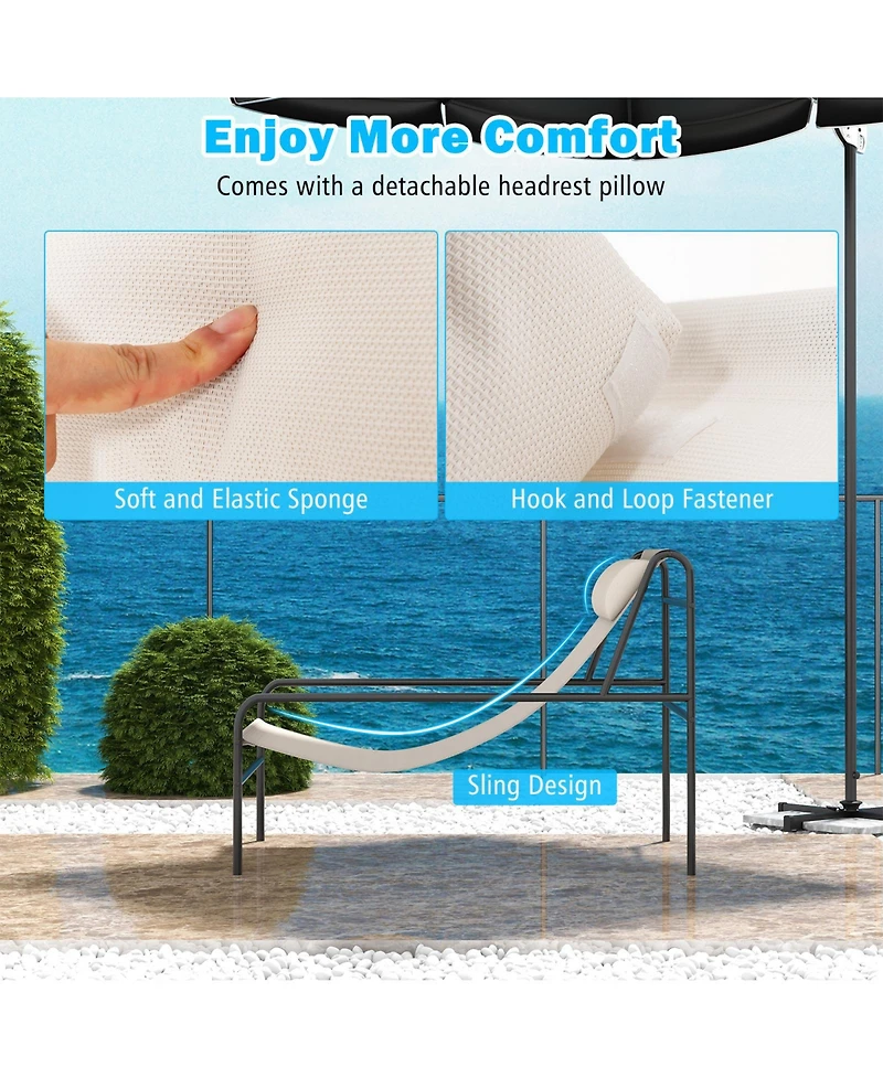 Slickblue Patio Sling Lounge Chair with Removable Headrest Pillow and Metal Frame-Beige