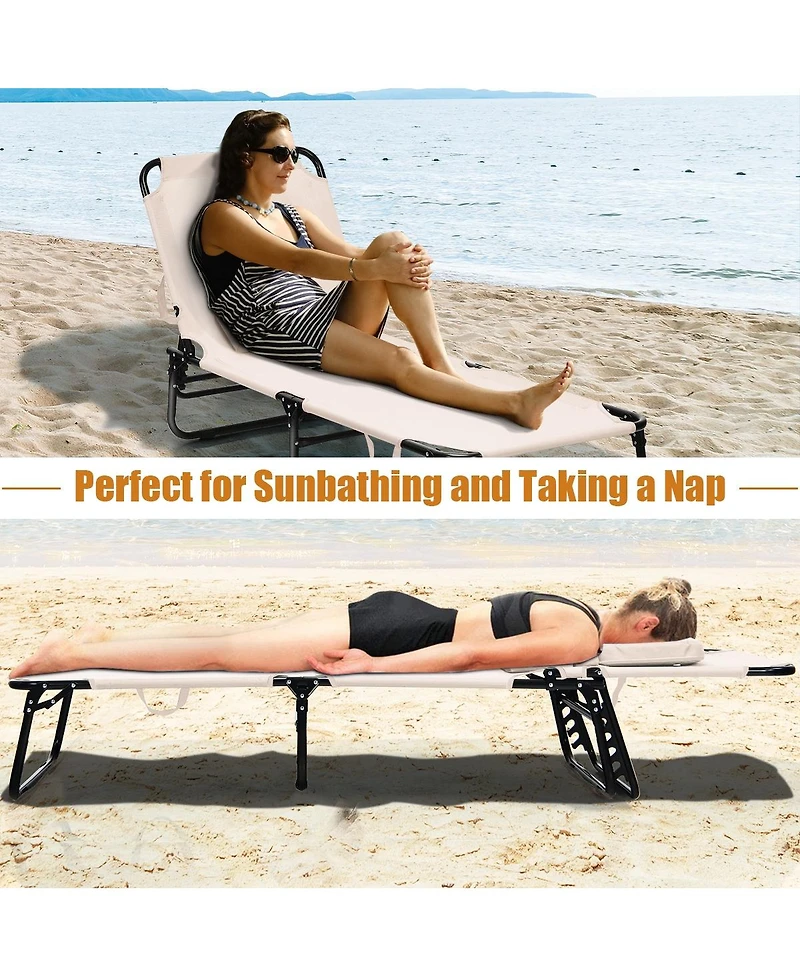 Slickblue Outdoor Folding Chaise Beach Pool Patio Lounge Chair Bed with Adjustable Back and Hole