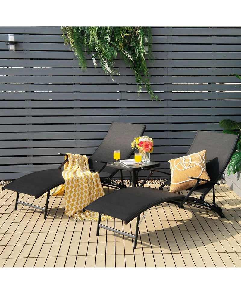 Slickblue 2 Pieces Patio Folding Stackable Lounge Chair Chaise with Armrest-Black