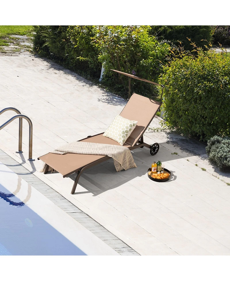 Slickblue Patio Heavy-Duty Adjustable Chaise Lounge Chair with Canopy Cup holder and Wheels-Brown