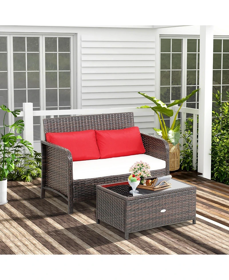 Sugift 2 Pieces Wicker Loveseat Conversation Sets with Coffee Table