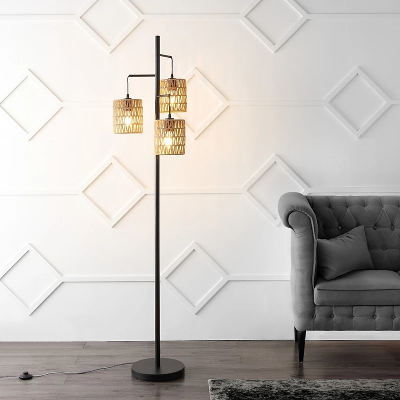 Jonathan Y Isla 70.75" 3-Light Mid-Century Bohemian Metal/Rope Led Floor Lamp, Black/Natural