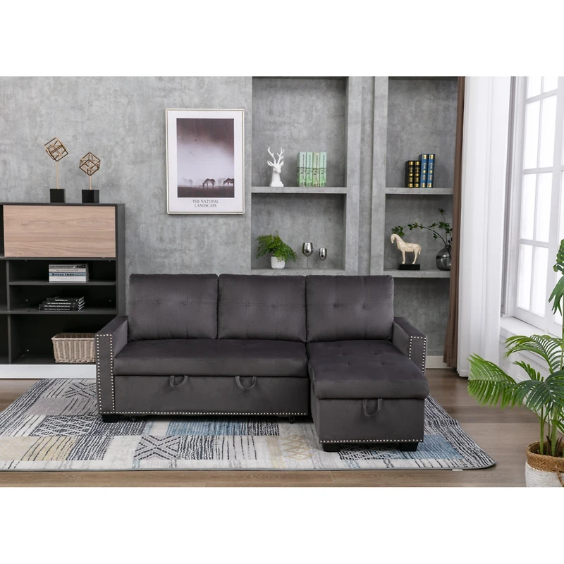 L-Shaped Velvet Sectional Sleeper Sofa, Dark Grey