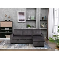 L-Shaped Velvet Sectional Sleeper Sofa, Dark Grey