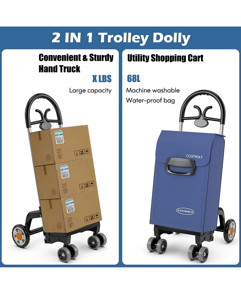 Folding Shopping Cart Utility Hand Truck with Rolling Swivel Wheels, Removable Bag & Cozy Handle