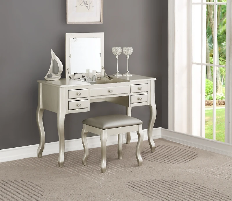Streamdale Furniture Silver Vanity Set with Unique Legs and Cushion Seat