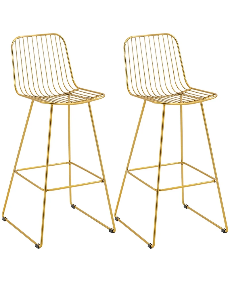 Modern Bar Stools Set of 2 Bar Chairs w/ Back Footrest Steel Frame, Gold