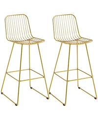 Modern Bar Stools Set of 2 Bar Chairs w/ Back Footrest Steel Frame, Gold