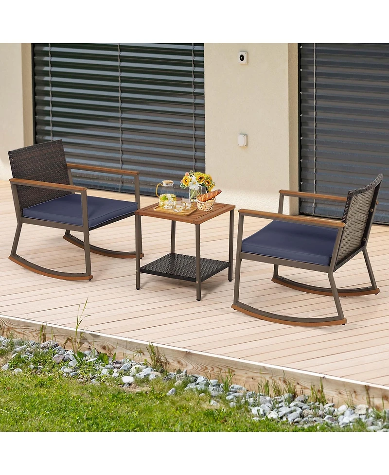 3 Pcs Patio Rattan Rocking Chair Bistro Set Armrest Cushion Table with Storage Shelf