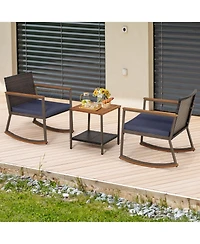 3 Pcs Patio Rattan Rocking Chair Bistro Set Armrest Cushion Table with Storage Shelf