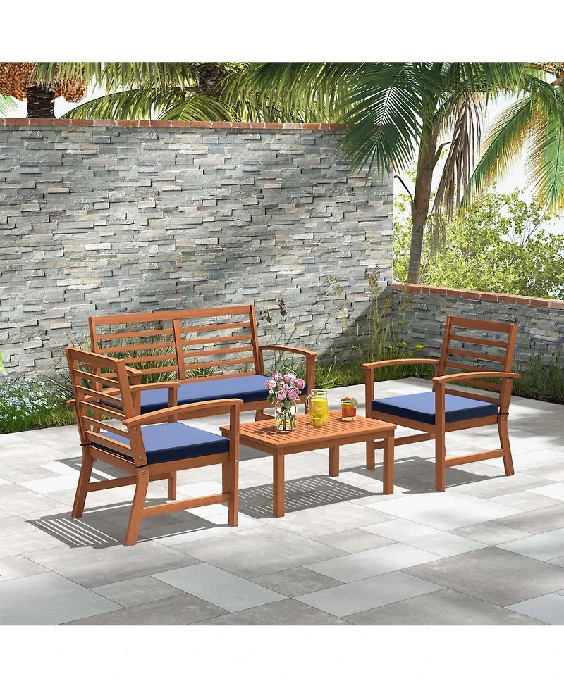 4 Pcs Outdoor Furniture Set with Soft Seat Cushions Stable Acacia Wood Frame