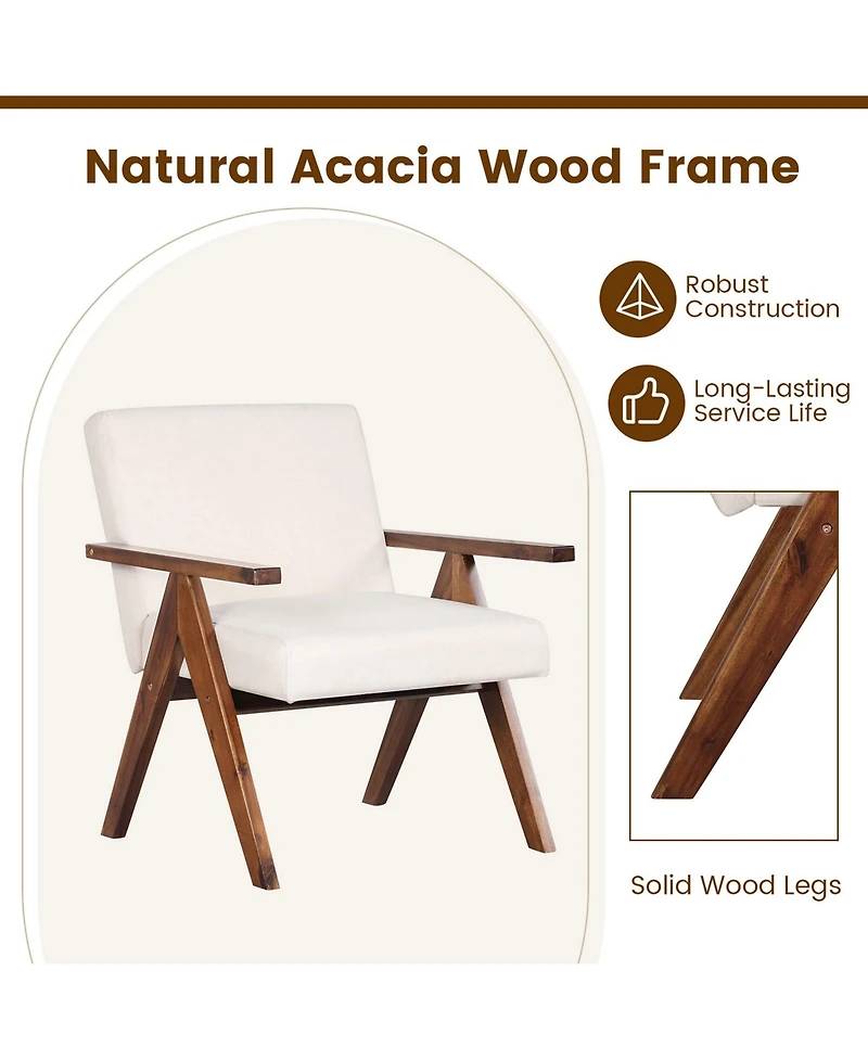 Costway 1 Pcs Modern Accent Chair Linen Fabric Armchair with Solid Acacia Wood Frame
