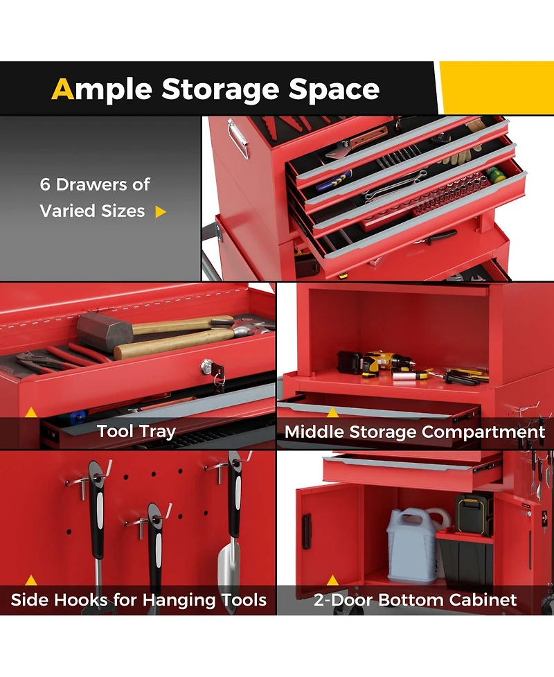 Costway 6-Drawer Rolling Tool Chest 3-in-1 Heavy-Duty Storage Cabinet with Universal Wheels