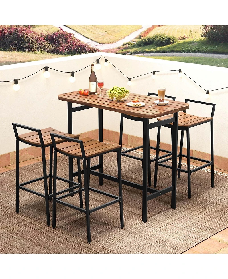 Costway 5 Pcs Acacia Wood Bar Table Set Outdoor Bar Height Table & Chairs