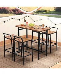 Costway 5 Pcs Acacia Wood Bar Table Set Outdoor Bar Height Table & Chairs