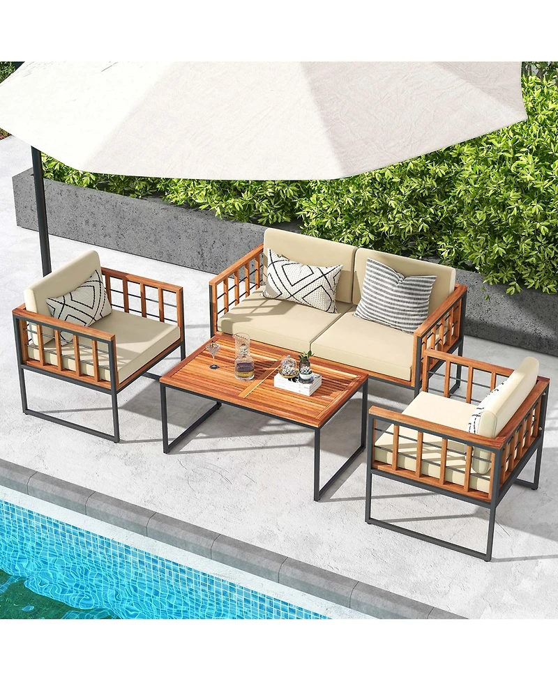 4 Pcs Acacia Wood Outdoor Sofa Set with Heavy Duty Metal Frame Soft Seat