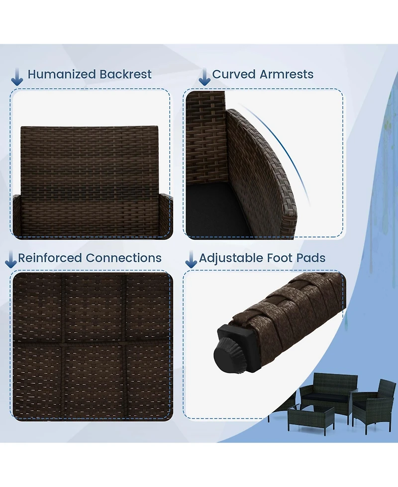 4 Pcs Patio Furniture Set with Washable Cushions and Tempered Glass Coffee Table