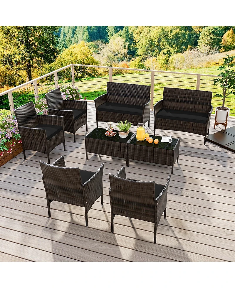 8 Pcs Patio Furniture Set with Washable Cushions and Tempered Glass Coffee Table