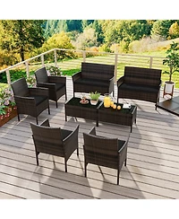 8 Pcs Patio Furniture Set with Washable Cushions and Tempered Glass Coffee Table