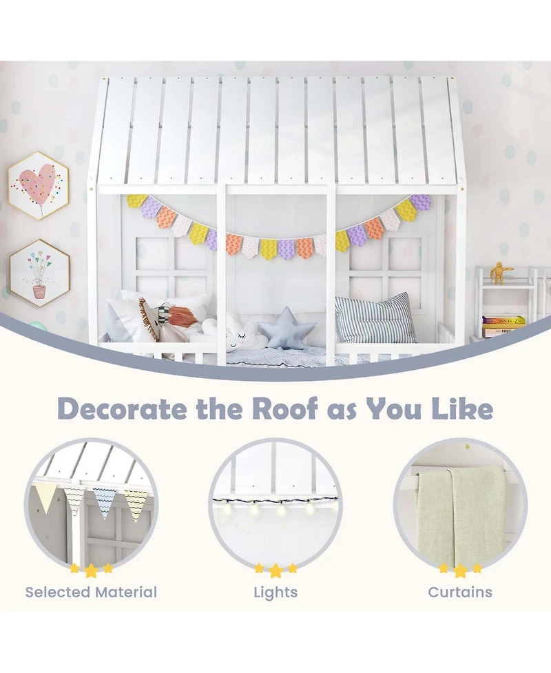 Twin Size House Bed with Trundle Fence Decor Wooden Windows Tall Roof