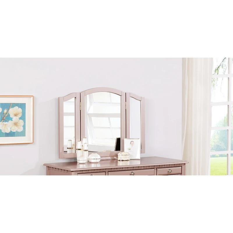 Streamdale Contemporary Vanity Set with Foldable Mirror, Drawers, and Rose Finish