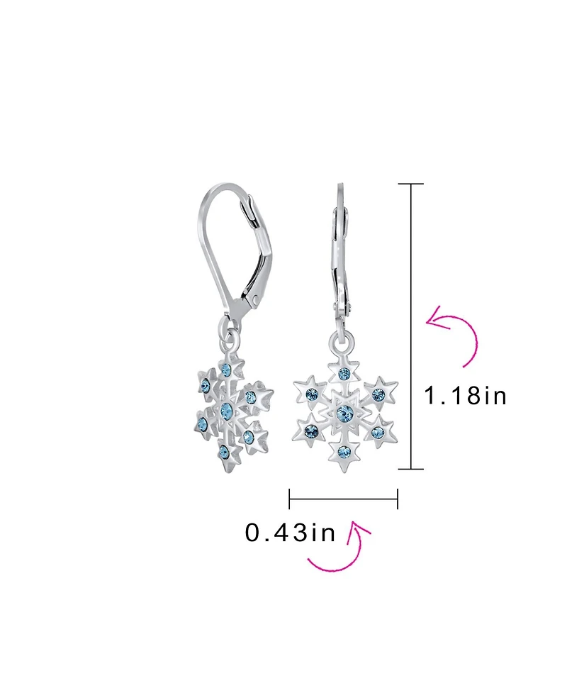 Delicate Holiday Party Christmas Snowflake Star Drop Lever back Earrings For Women For Teen Simulated Ice Blue Topaz .925 Sterling Silver