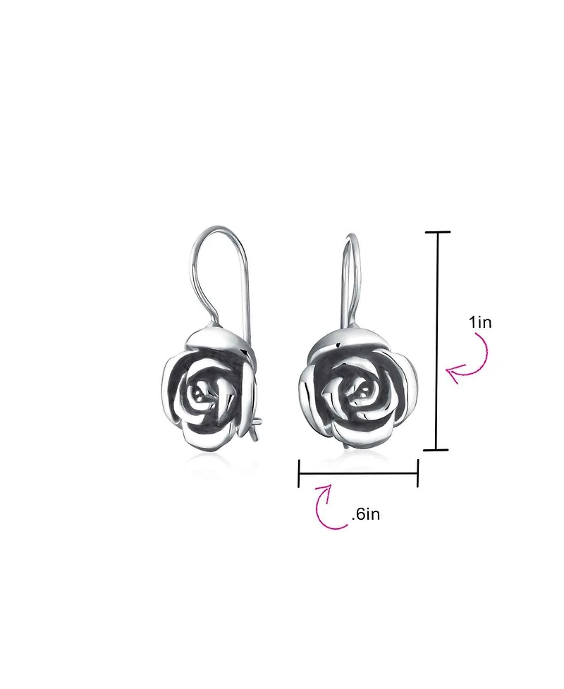 Bling Jewelry Rose Flower Drop Earrings French Wire Black Oxidized Sterling Silver