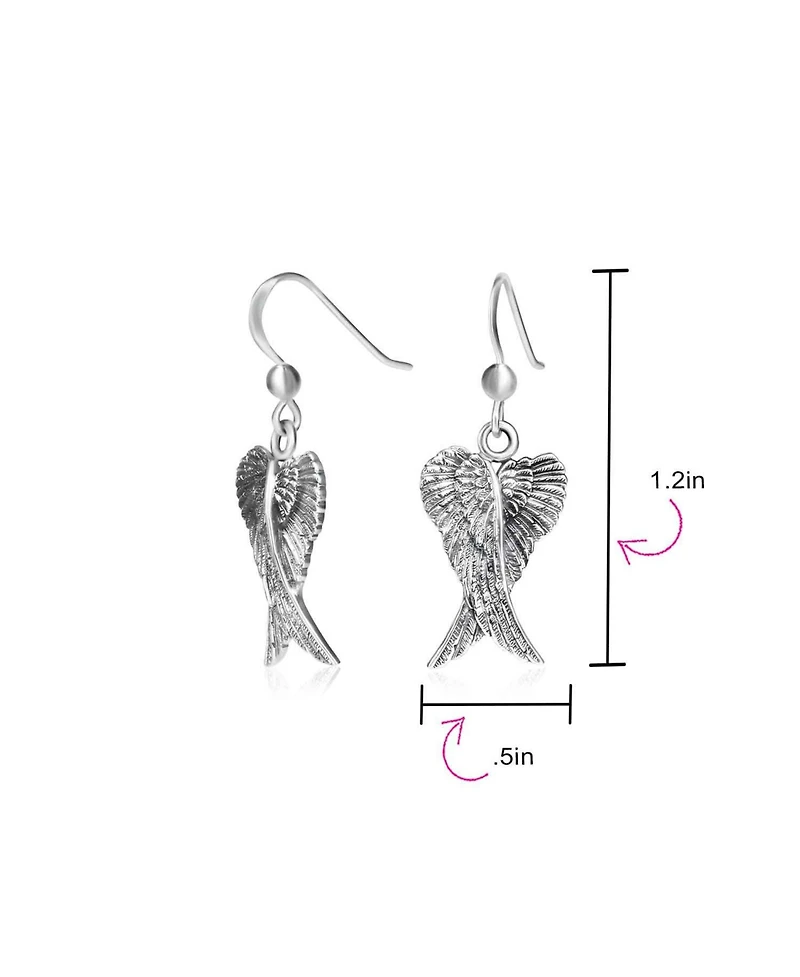 Bling Jewelry Spiritual Amulet Feather Heart Shaped Guardian Angel Wings Dangle Earrings For Women Teens Oxidized .925 Sterling Silver Fish Hook